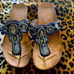 Sparkly sandals with sequins & fake jewelry
